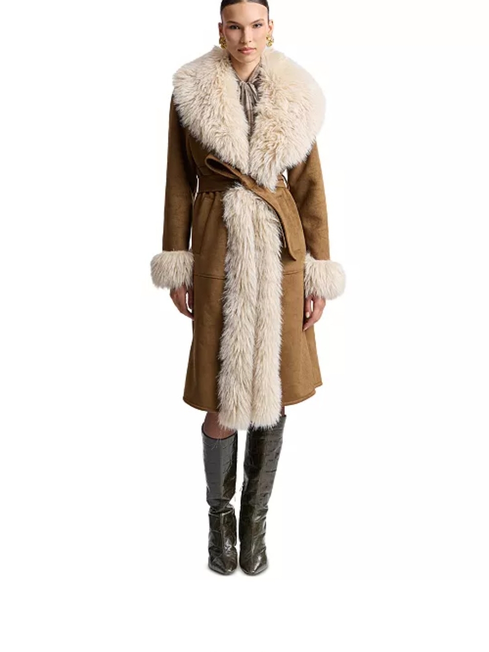 Faux Shearling-Trimmed Belted Trench Coat in Tan with Cream Faux Fur